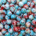 High-quality 8mm marbled glass beads featuring red and blue ceramic style ink-wash pattern for DIY - 8mm Hole Approx 1mm 30 Pcs/Pack / Red Blue Patchwork