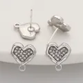 Silver-colored alloy heart earring studs with loop and crystals for DIY jewelry making - Heart With Rhinestone / 1 Pair (12x13mm) / Silver