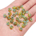 Flat heart Millefiori glass beads with yellow flower patterns for DIY jewelry making. - Yellow and Blue