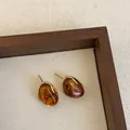 Detailed view of Maillard brown resin earrings with gold bezel in a wooden frame - Style 7 (925 Silver Post)
