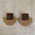 Detail showing natural wood grain and woven straw texture on geometric earrings - Geometric Square Stitching Semicircle Style / Dark Brown Wood Stitching Natural Rattan
