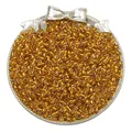 Detail view of high-quality golden silver-lined glass seed beads in a bow tray - Silver-Lined Glass Seed Beads (BBG092) / 2mm (10g/Pack Approx 700pcs) / K Gold