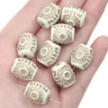 Retro cream acrylic barrel beads with vintage gold-etched patterns for DIY jewelry making - Chubby Cylinder Bead / 14x16mm Approx. 15pcs/Pack / White