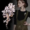 Elegant vintage-style floral bouquet brooch with white opal stones and crystal rhinestones - Golden Bouquet (A6-54)