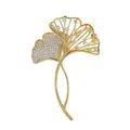 Elegant gold double ginkgo leaf brooch pin adorned with shimmering rhinestones - Gold