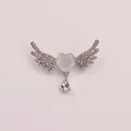 Elegant heart brooch with rhinestone wings and crystal teardrop in silver finish - Silver Heart Wings (A5-90)