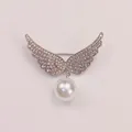 Elegant angel wing brooch with clear rhinestones and dangling white pearl - Silver Pearl Wings (A5-88)