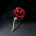 Vintage Chinese style red peony brooch with golden stem and rhinestones. - A8-32