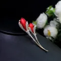 Elegant red tulip brooch with sparkling clear crystals in a vintage Chinese style gift - A3-85