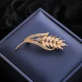 Elegant cat's eye stone wheat ear brooch with rhinestones on a navy gift box - Wheat Ear Style Brooch (A18-69) / Gold