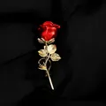 Elegant vintage red rose brooch with gold leaves, premium accessory for women's coats - A8-34