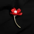 Elegant vintage red peony flower brooch with center pearl and golden stem accessory - A8-33
