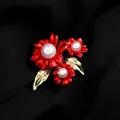Elegant peony pearl brooch with red flowers and golden leaves for women coats - A8-35