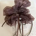 Elegant brown mesh polka dot scrunchie with pearls and butterfly charm hair accessory - Coffee Mesh Bow with Artificial Pearls and Rhinestones