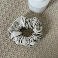 Linen floral print scrunchie hair tie for women ponytail or bun styles in light grey - Green Floral Scrunchie With Blue Flowers