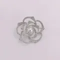 Elegant silver rose floral brooch variant with a central pearl and pave rhinestones - Rose Style (A6-66)