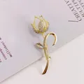 Elegant gold tulip brooch with sparkling rhinestones and clear crystal leaf detail - Gold and White Style (A10-117)