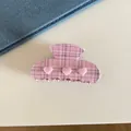Close-up of a French style pink plaid hair claw clip with hearts and rhinestones - Three Hearts Grid Style (2#) / Pink