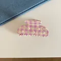 Close-up of lavender gingham hair claw clip with floral and rhinestone details - Four Small Flowers Stripe Style (6#) / Pink