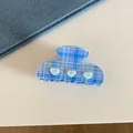 Close-up of blue plaid acetate hair claw clip with heart and rhinestone details - Three Hearts Grid Style (7#)