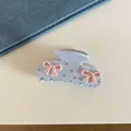 Close-up of light blue acetate hair claw clip with pink rhinestones and bows. - Double Bow Style (8#)