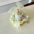 Detailed view of a cute Korean style party hat hair clip with yellow mesh bow and plaid fabric - 6# Yellow Long Hat Hair Clip