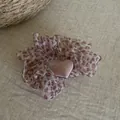 Detailed close-up view of a leopard print mesh scrunchie with a cute pink heart charm accent - Heart Scrunchie / Pink Leopard Heart