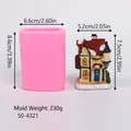 Detailed view of Christmas house silicone mold with dimensions for resin crafting - Snowy Cottage (50-4321-A)