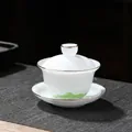 Elegantes weißes Porzellan Gaiwan Tee-Set mit Goldrand und grünem Bambusmuster-Detail - Gaiwan / Gaiwan Goldrand (10x9.2cm) / Dunkelgrün