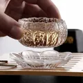 Handcrafted textured glass teacup with pumpkin pattern for traditional Kung Fu tea service - Transparent Cup And Saucer Set / Clear