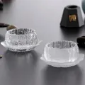 Traditional Chinese style textured glass tea cup set with lotus flower shaped saucers - Transparent Tea Cup / Single Cup / Clear