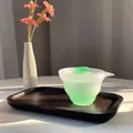 Elegant frosted green gradient glass gaiwan tea set displayed on a rustic wooden tray - Green Gradient Gaiwan
