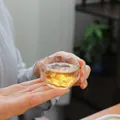 Elegant hammered glass Kung Fu tea cup held in hand showing golden tea and textured detail - White Shallow Cup (Transparent)