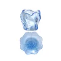 Light blue Japanese style glass teacup set with a decorative floral saucer, SKU view. - Blue Smoke Cup Saucer Set / Blue