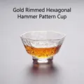 Elegant hexagonal hand-blown glass tea cup with gold rim and hammered texture design - Gold Rim Hexagonal Hammered Cup