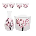 Handbemaltes Sakura Kirschblüten Glas Sake Set mit Wärmeschale und vier Bechern - Sakura Sake-Kollektion (6-teiliges Set) / 1 Kanne 1 Kühler 4 Becher