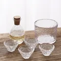 Elegant Japanese style hammered glass sake set with warming bowl and wave pattern cups. - Wave Pattern 6-Piece Sake Set / 1 Pitcher 4 Cups 1 Warmer