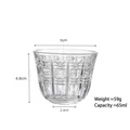 Heat-resistant transparent glass tea cup with dimensions, 65ml capacity and 59g weight. - No. 70 Cup (Vertical Relief)
