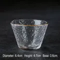 Handmade hammered glass tea cup with gold rim, crystal clear texture, 6.4cm diameter - Gold Rim Vertical Dotted / Diameter 6.4cm Height 4.7cm