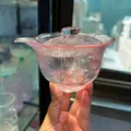 Elegant pink textured glass gaiwan tea bowl with a frosted finish for Kung Fu tea - Lotus Gaiwan (Transparent Pink)