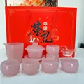 Elegant pink translucent glass Kung Fu tea set gift box includes gaiwan and six cups - Pink Jade Drum Cup 9-Piece Set