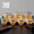 Service à thé Kung Fu en verre martelé avec bordure dorée, comprenant gaiwan et tasses - Ensemble de 10 pièces / Bord Doré