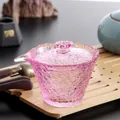 Elegant pink textured glass tea cup with matching lid featuring Japanese smoke pattern - Pink Gaiwan