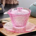 Elegant pink hammer-patterned glass tea bowl with matching saucer for Kung Fu tea ceremony - Pink Gaiwan With Tray Set