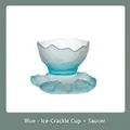 Premium blue frosted glass teacup and matching saucer set with elegant ice texture design - Cup and Coaster Set / Matte Blue