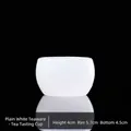 Minimalist semi-translucent white glass Kung Fu tea cup with dimensions shown - Drum Style Cup / 1 Piece / Jade White