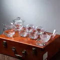 Luxury premium crystal glass Kung Fu tea set presented on an elegant wooden gift box - Faceted Low Cup Collection / Clear