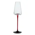 Elegant crystal champagne flute glass with unique tall red stem on white background - Red Stem Black Base Champagne Glass / 1 Piece