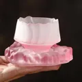 Handmade Japanese pink frosted glass tea cup with petal rim and textured saucer set - Mini Mountain Cup & Coaster Set / Matte Pink