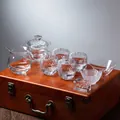 Luxury crystal glass Kung Fu tea set with gaiwan and premium wooden gift box set - Faceted High Cup Collection / Clear